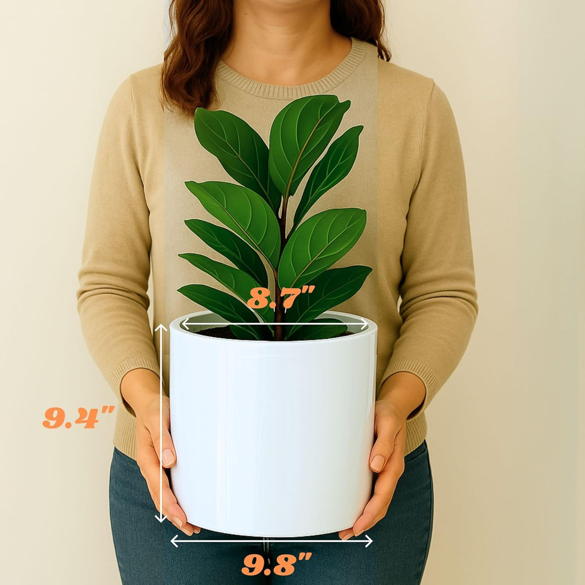 Fox & Fern 10 Inch Plant Pot with Drainage Plug — Premium Lightweight Fiberstone Glossy White