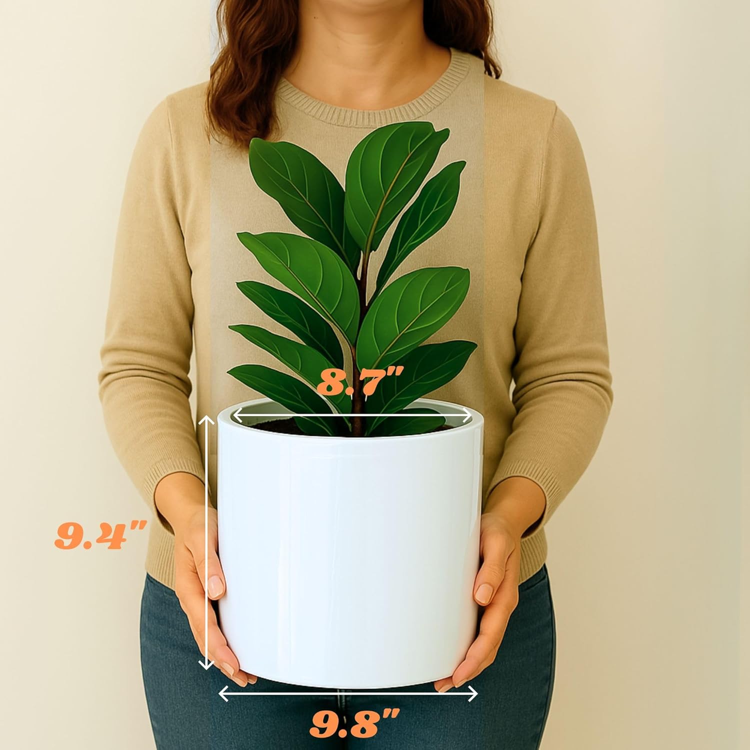Fox & Fern 10 Inch Plant Pot with Drainage Plug — Premium Lightweight Fiberstone Glossy White