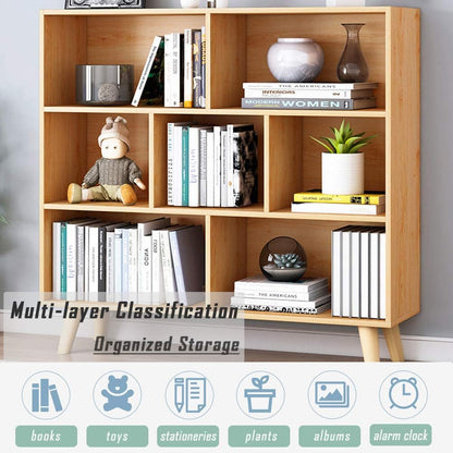 IOTXY Wooden Open Shelf Bookcase - 3-Tier Floor Standing Display Cabinet Rack with Legs, 7 Cubes