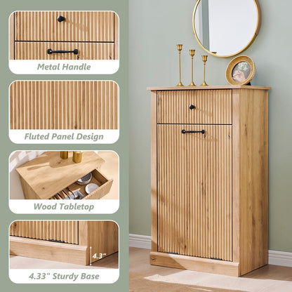Modern Tilt-Out Trash Can Cabinet, 10 Gallon Fluted Laundry Hamper Cabinet with Drawers, Wooden