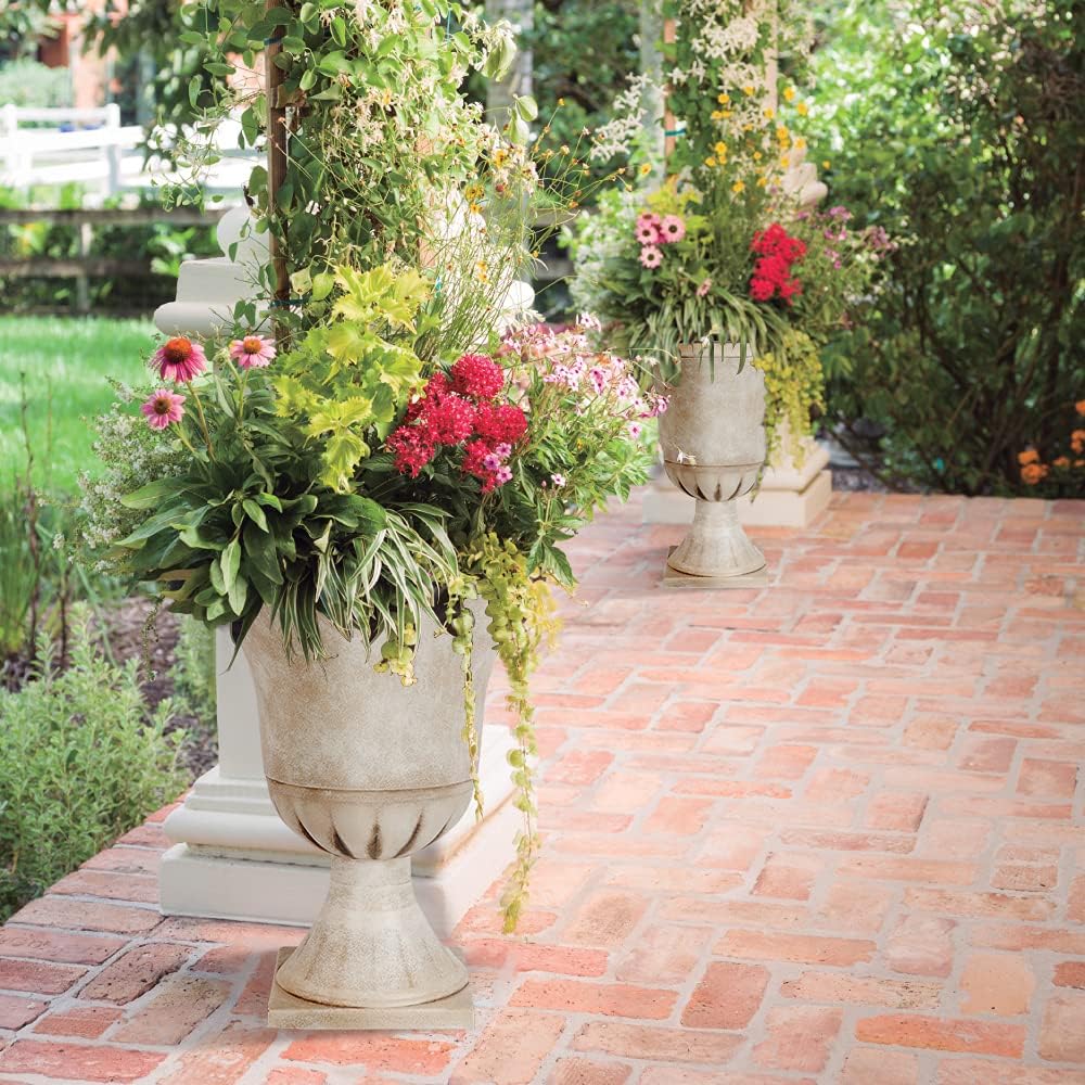 Worth Garden Plastic Urn Planters for Outdoor Plants, Tree 22'' Tall 2 Pack Round Classic Resin