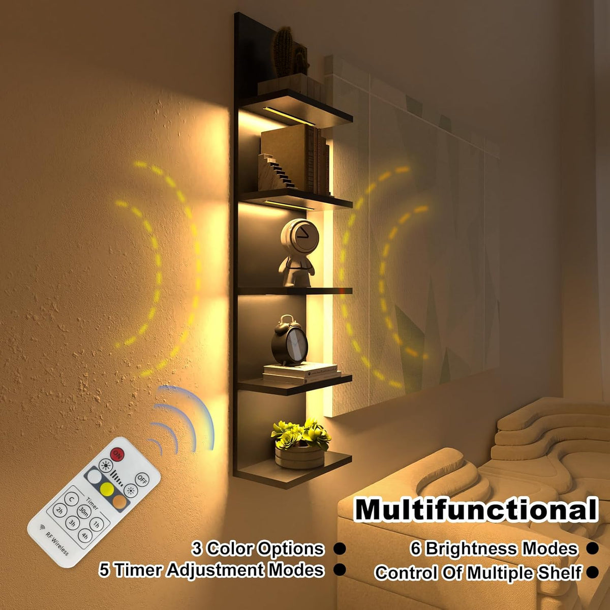 5 Tier Wall Shelf Unit, Black Modern Vertical Lack Wall Shelves with Light, Wall Mount, Floating