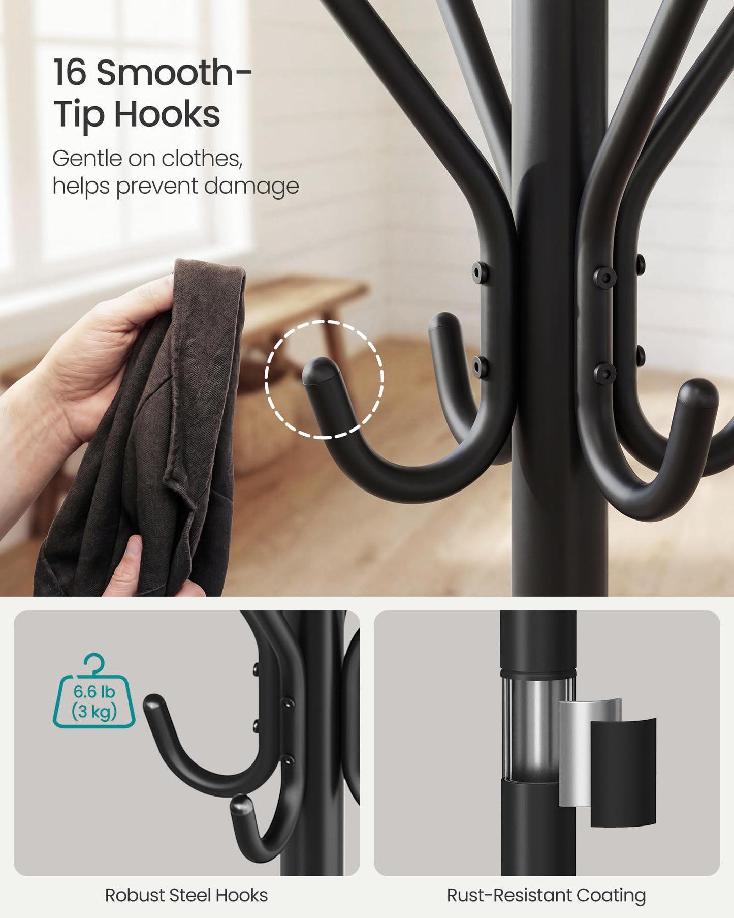 SONGMICS Coat Rack Freestanding with 16 Hooks, Metal Coat Tree Stand with 4 Adjustable Feet