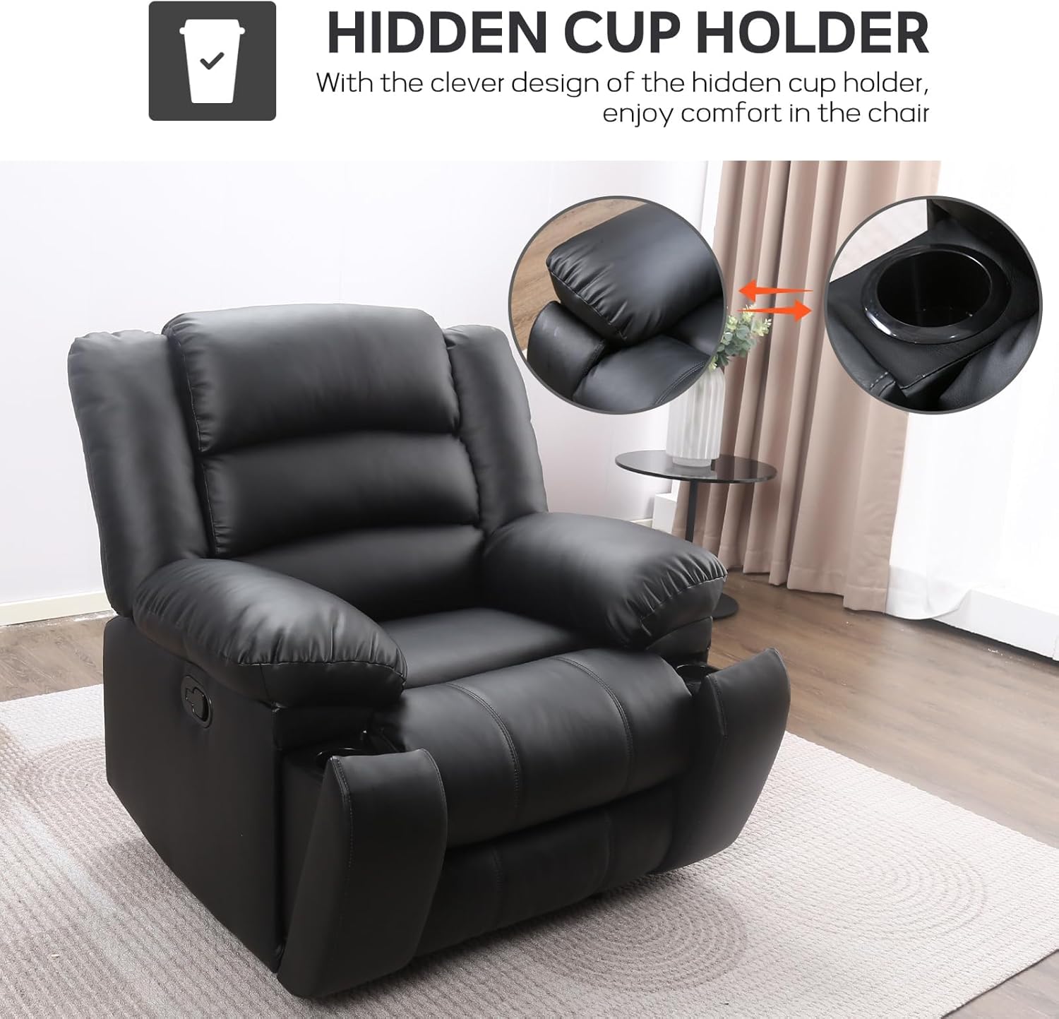 EBELLO Faux Leather Manual Recliner Chair, Single Reclining Sofa Chair Couch with 2 Concealed Cup