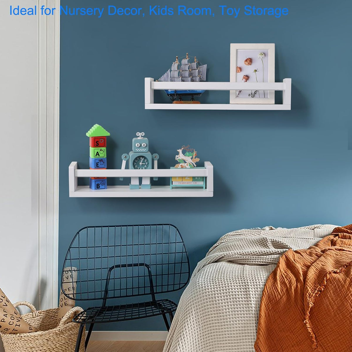 Nursery Book Shelves | Set of 2 Wood Floating Shelves for Kids Room, Kitchen Spice Rack, or Rustic