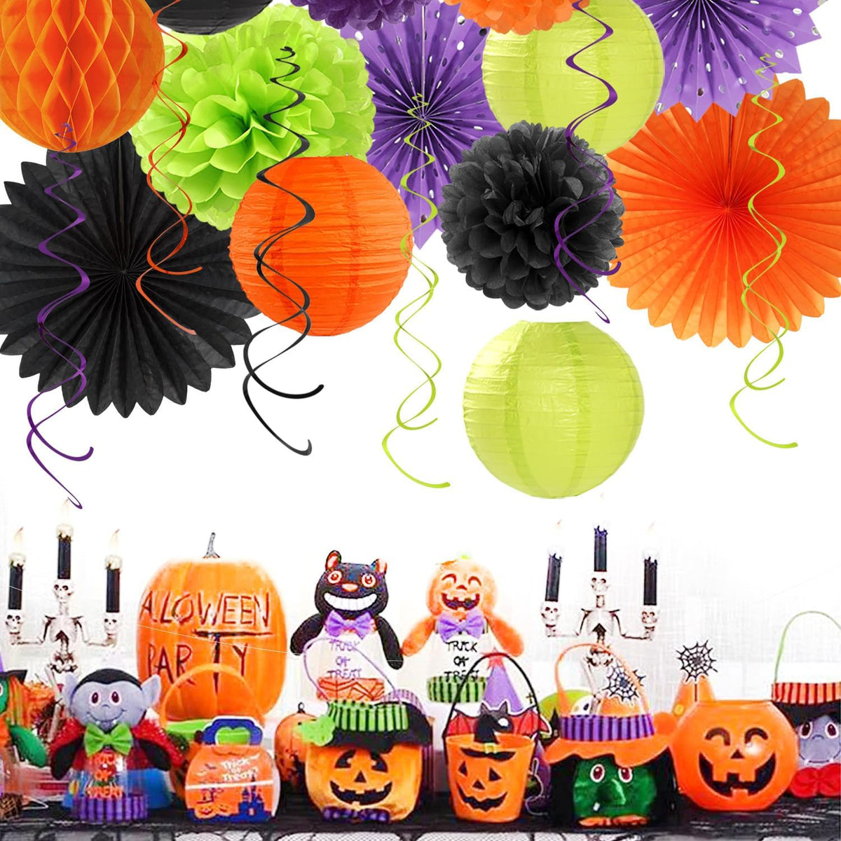 Black-Green Orange-Purple Halloween Birthday Party-Decorations - 21pcs Happy Banner,Paper Lanterns