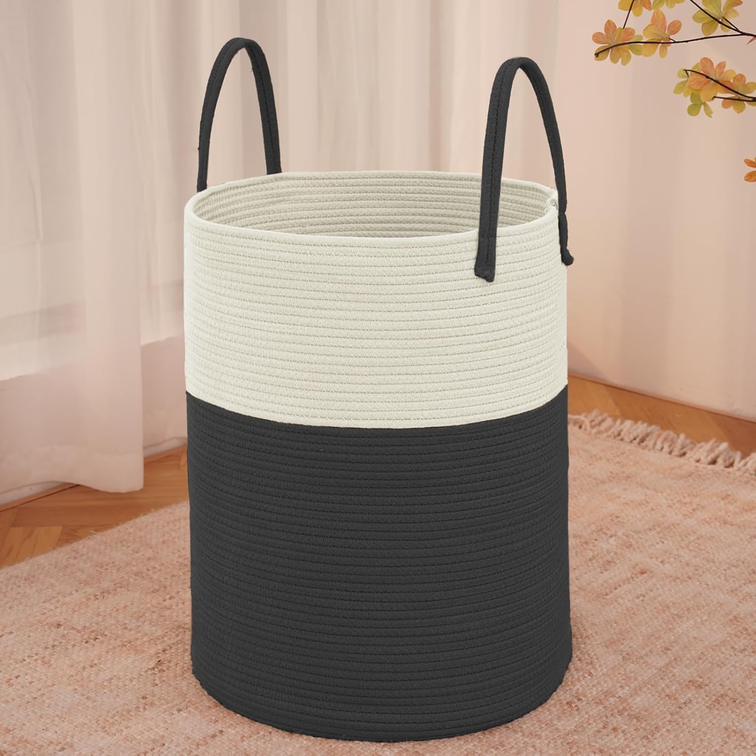 Large Woven Laundry Basket Hamper,60L Cotton Rope Storage Bin for Blankets,Toys and
