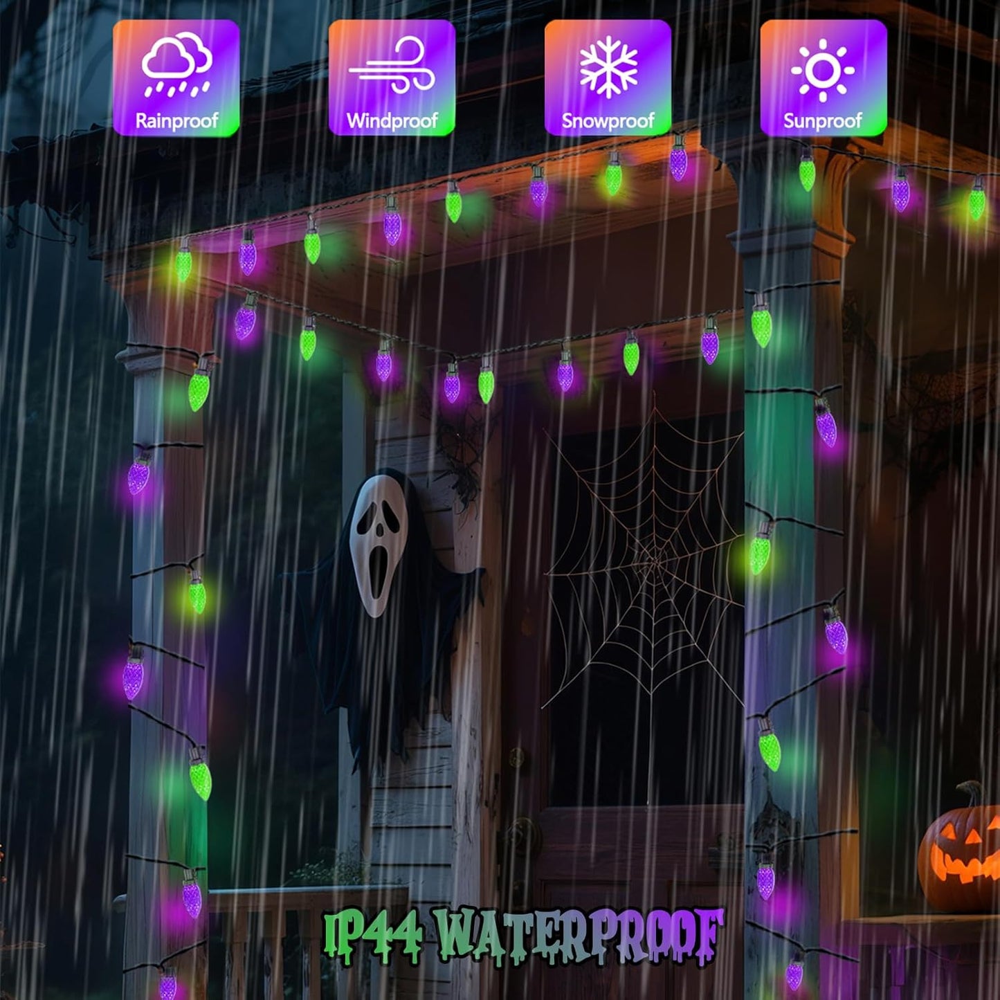 Extendable Purple and Green 2PK 100 LED C9 Halloween Lights Indoor Outdoor Waterproof, 98FT Super