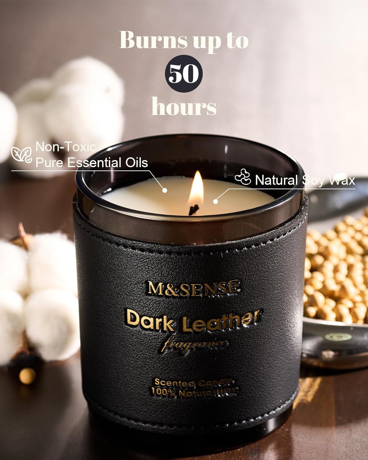 M&SENSE Tobacco Leather Berries Scented Candles, Heavy Scented Candles,Vegan Soy Wax,10oz 42-Hour