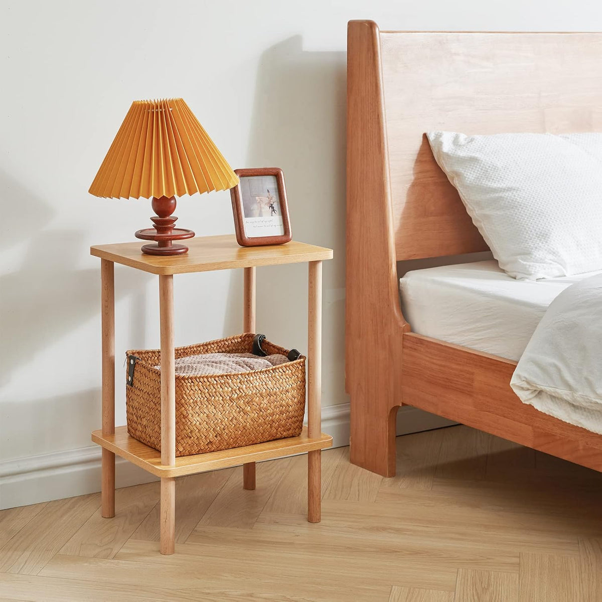 IBUYKE 2-Tier Side Table, Solid Wood Tall End Table with Storage Shelves, Nightstand Bedside Table