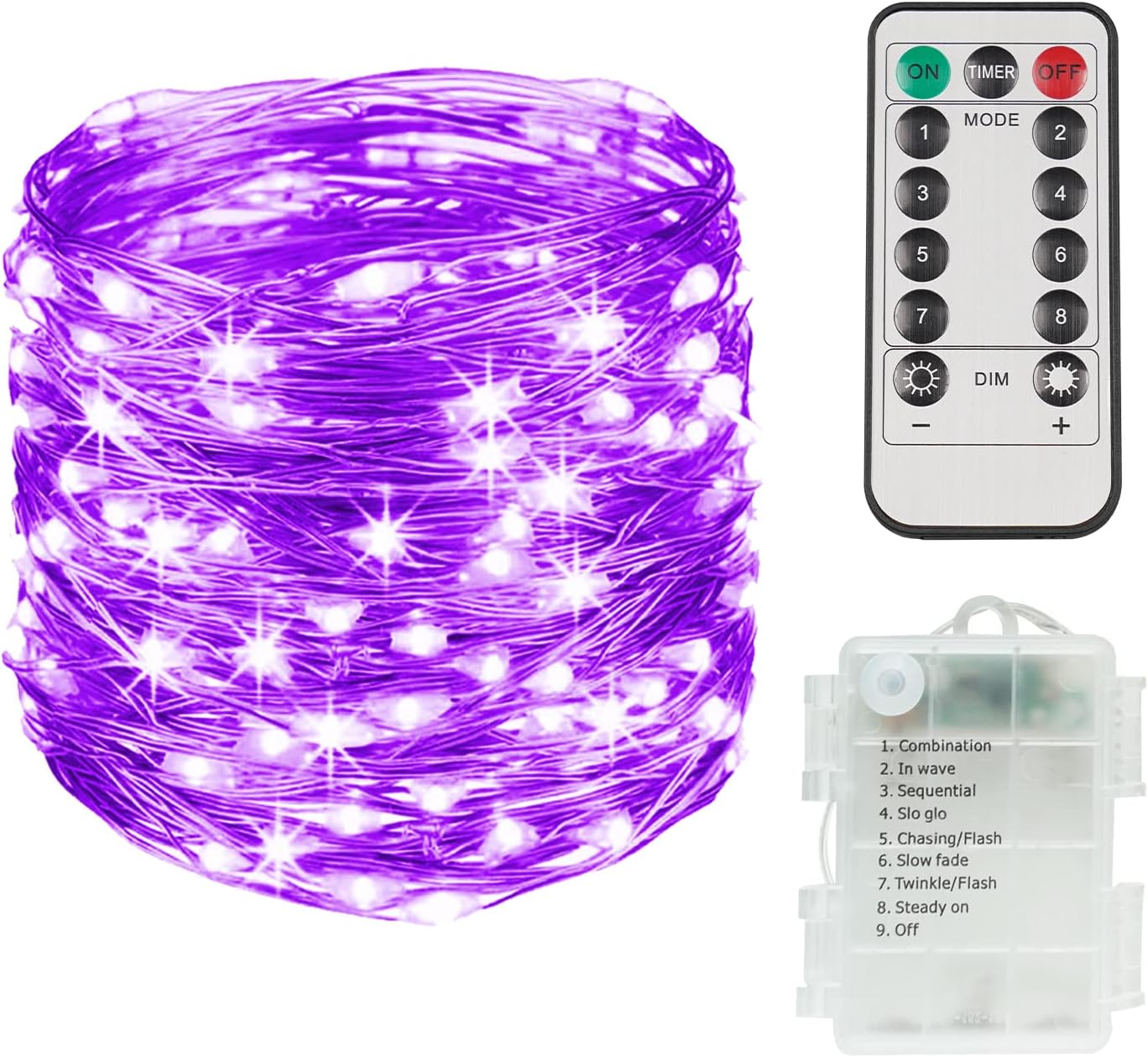 suddus Hallowee Fairy Lights Battery Operated, 33ft 100 LED Fairy Lights with Remote, Purple String