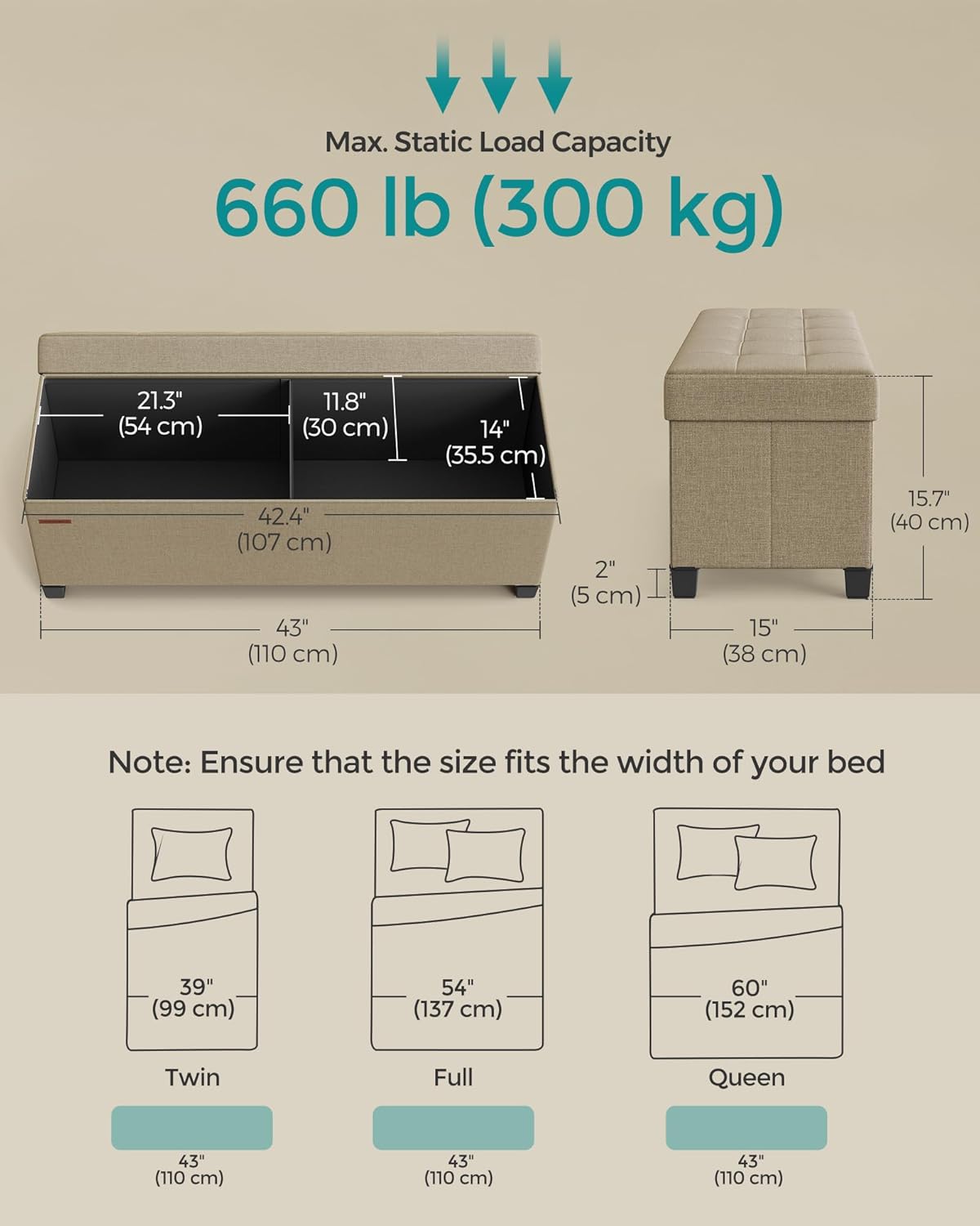 SONGMICS Storage Ottoman Bench, Foldable Foot Rest with Legs, 15 x 43 x 15.7 Inches, End of Bed