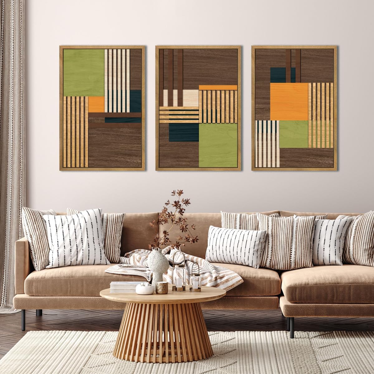 Large Modern Abstract Wall Art Set Minimalist Line Wood Wall Decor Neutral Brown Art Decor Colorful