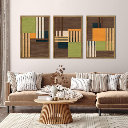 Large Modern Abstract Wall Art Set Minimalist Line Wood Wall Decor Neutral Brown Art Decor Colorful
