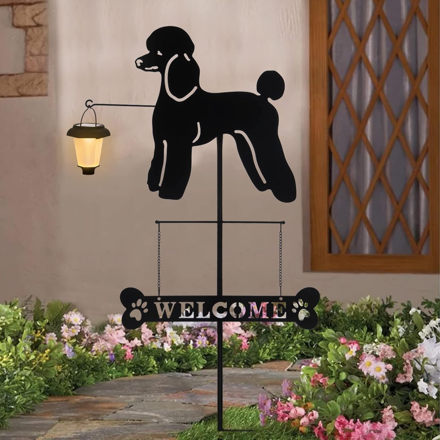BAYN Solar Poodle Garden Stakes Decorative with a Lantern Dog Silhouette Welcome Sign Outdoor