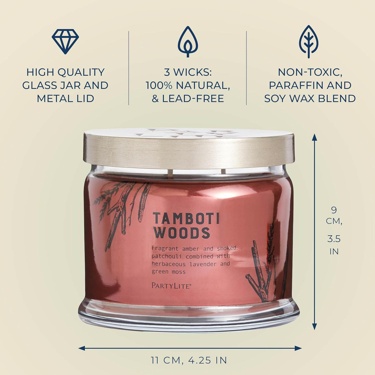 PartyLite Tamboti Woods Scented, Notes of Exotic Amber, Patchouli, Lavender & Green Moss, 13.2oz