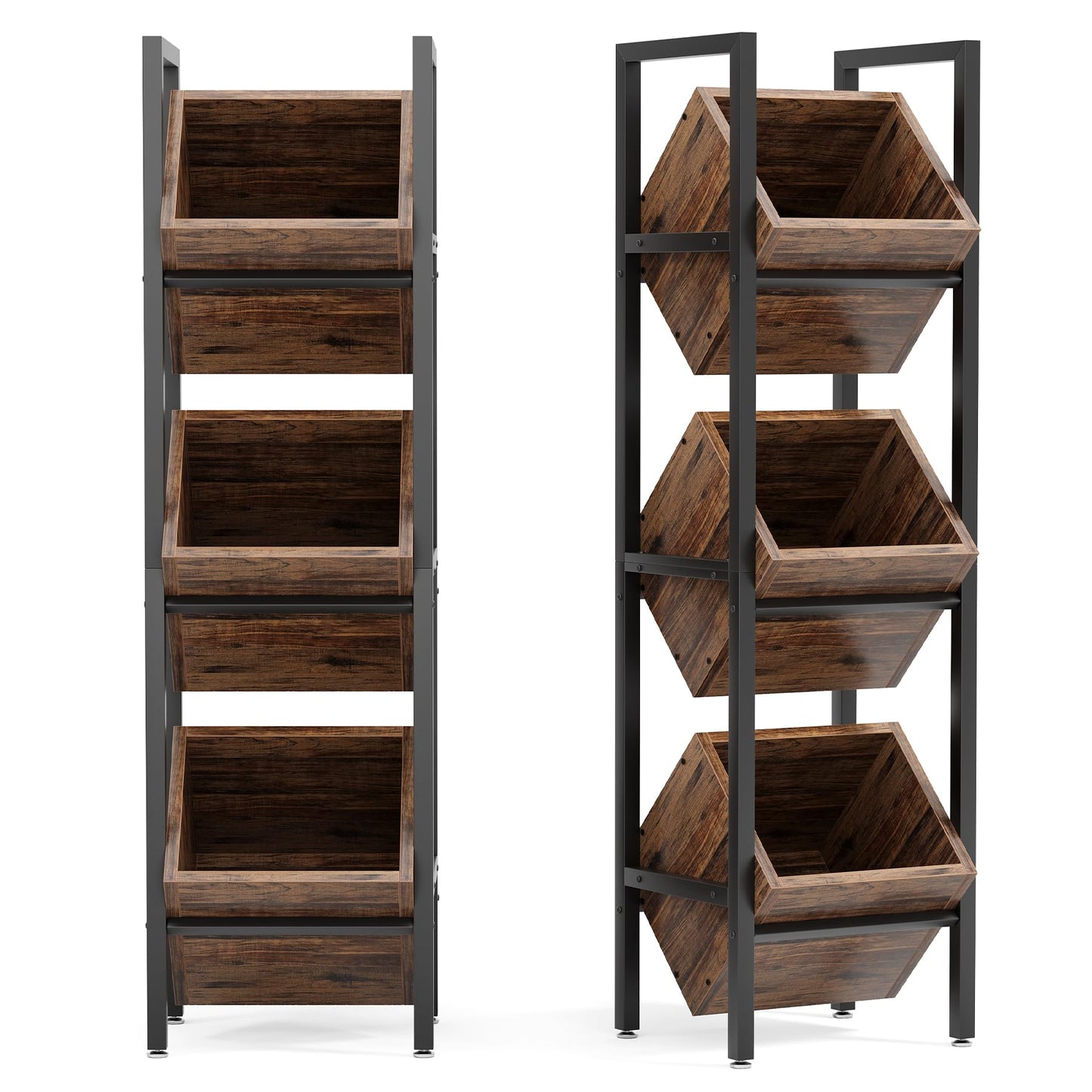 LITTLE TREE 3-Tier Basket Stand, Wooden Floor Stand Shelving Unit, Standing Organizer Storage Rack