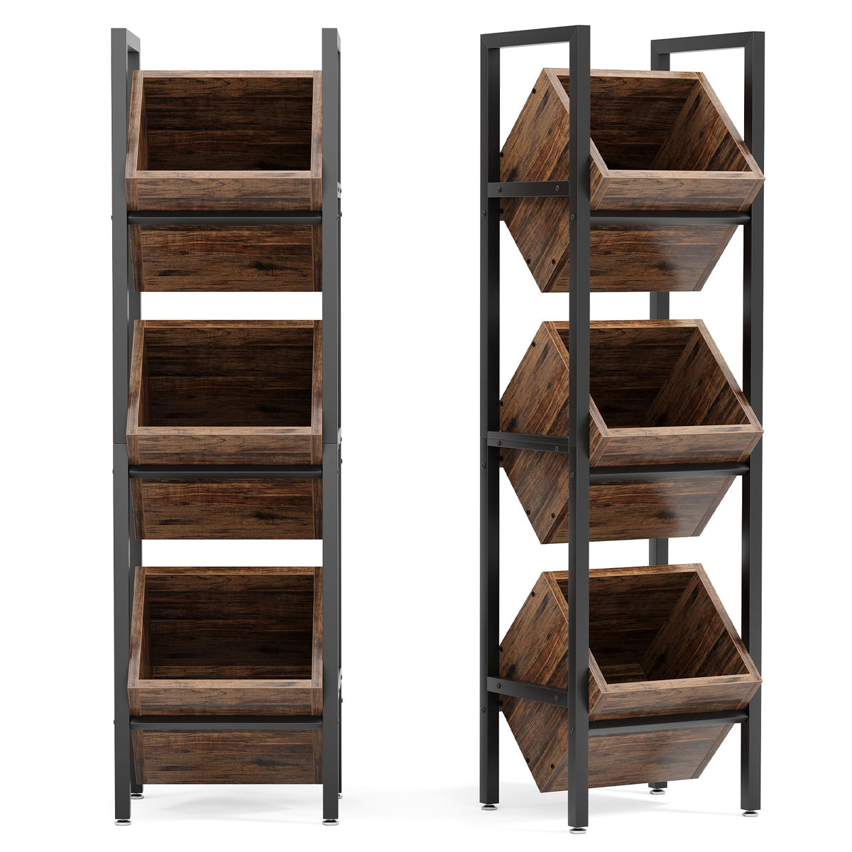 LITTLE TREE 3-Tier Basket Stand, Wooden Floor Stand Shelving Unit, Standing Organizer Storage Rack