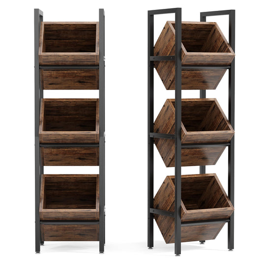 LITTLE TREE 3-Tier Basket Stand, Wooden Floor Stand Shelving Unit, Standing Organizer Storage Rack