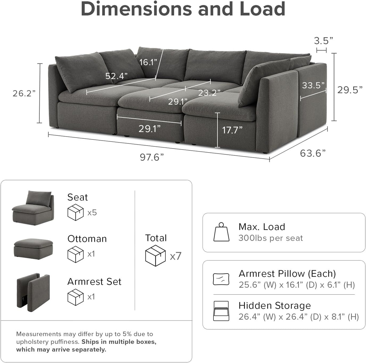 mopio Oversized Modular Sectional Sofa with Fully Removable Covers and Storage, Convertible U