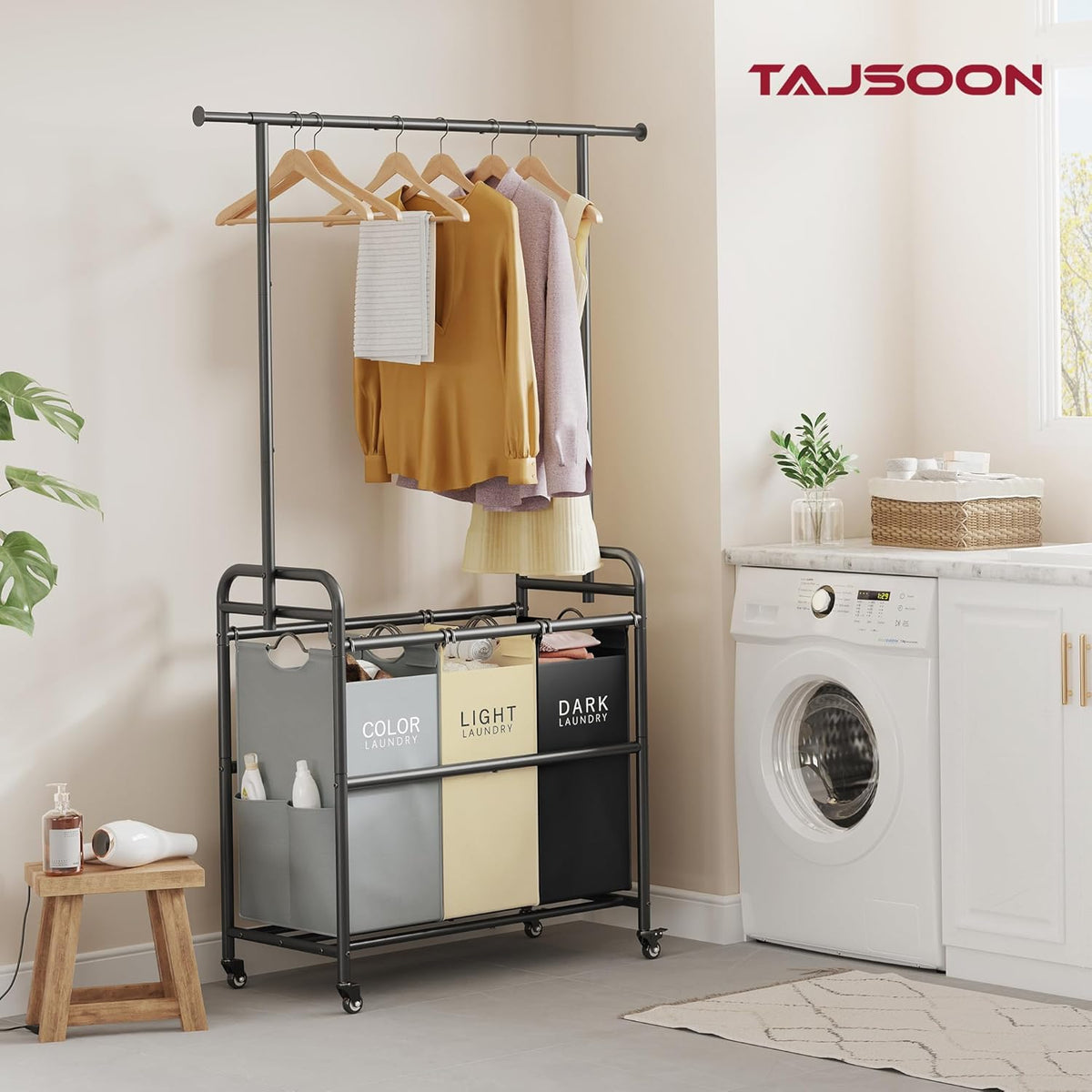 Tajsoon Laundry Sorter Cart with Hanging Clothes Rack, 3 Butler Sorter Basket Organizer, Laundry