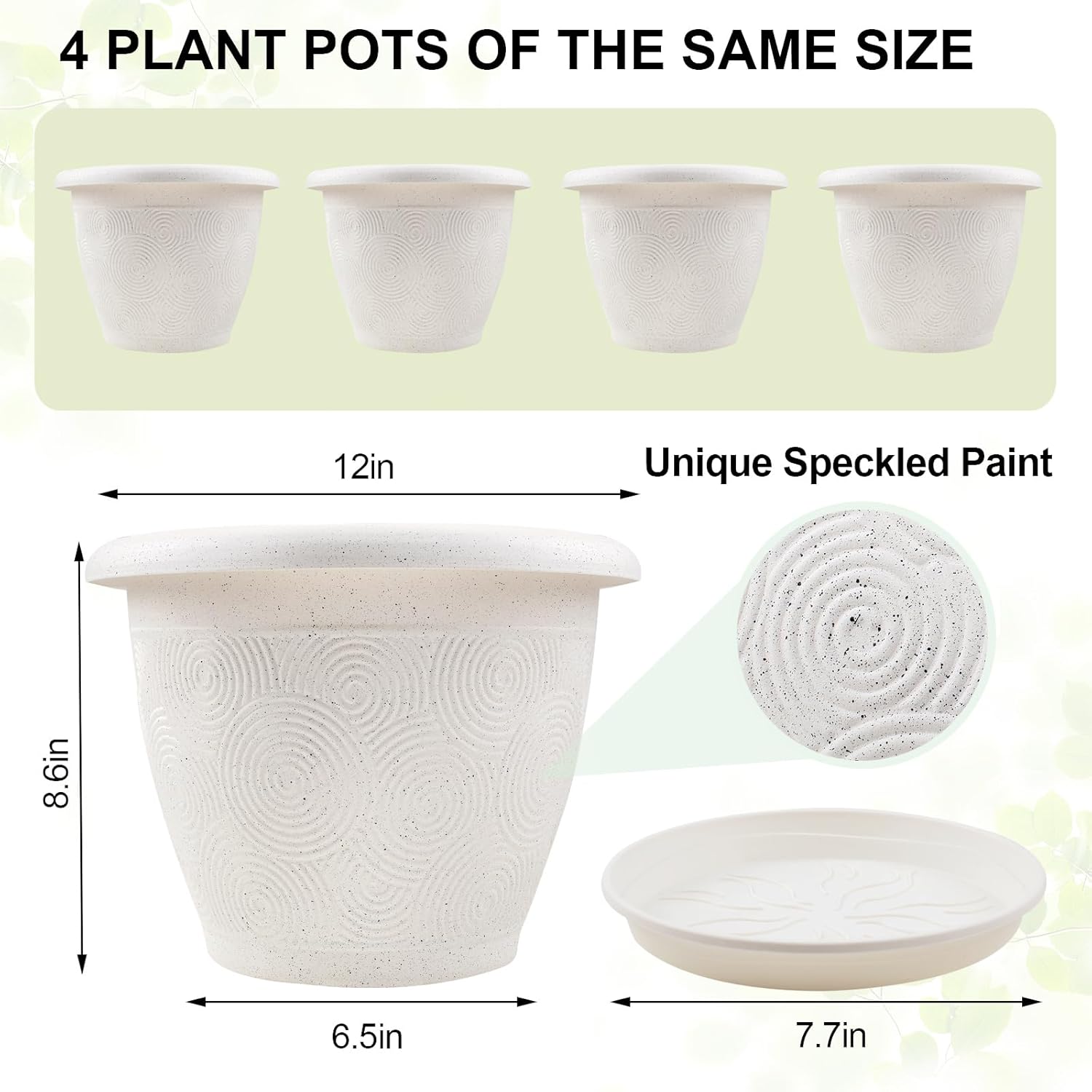 Plastic Flower Pots Planters for Indoor Plants, 4 Pack 12 Inch White Plant Pots with Drainage Hole