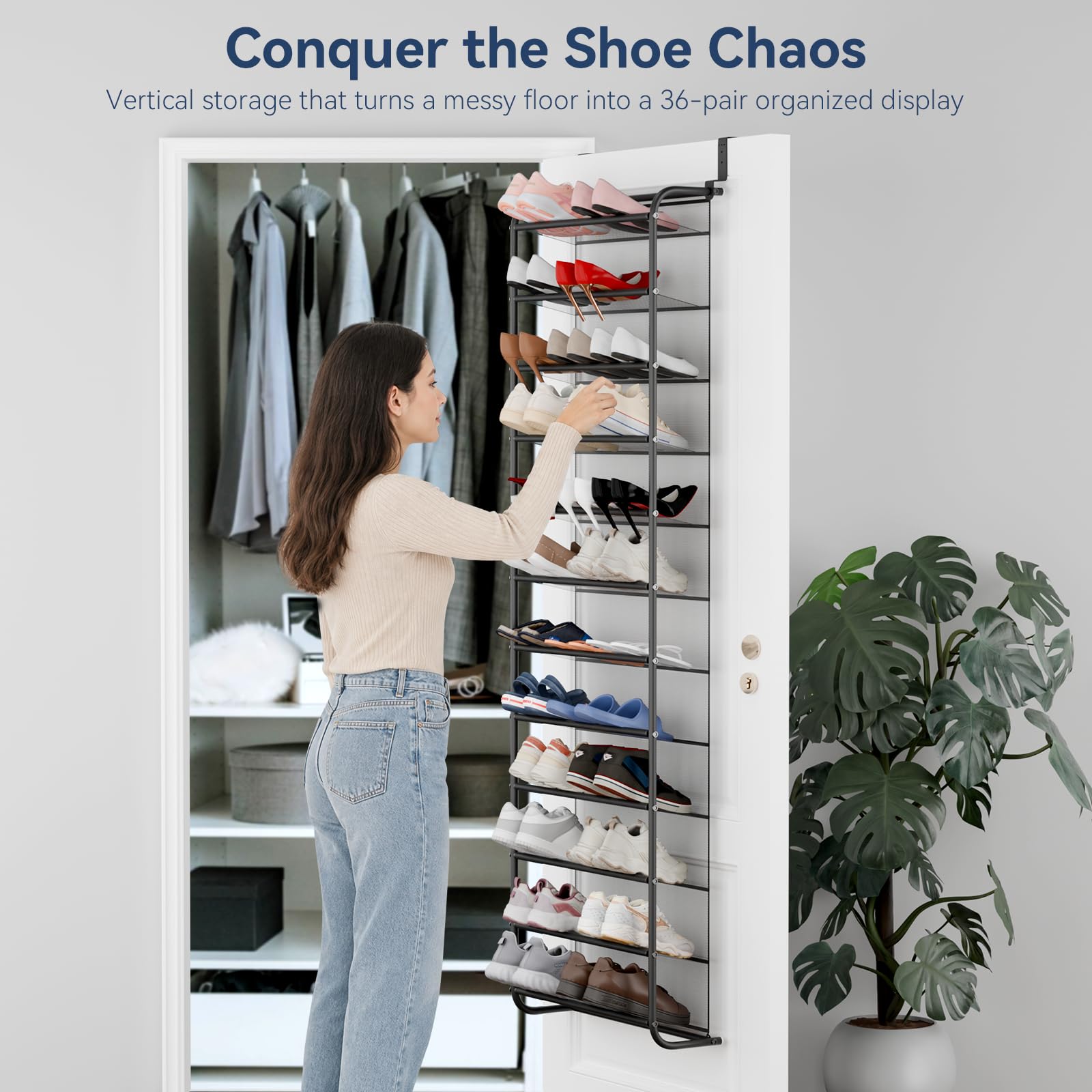 Whitmor 36 Pair Over the Door Shoe Organizer, 12 Tier Hanging Shoe Organizer, Heavy Duty Metal &