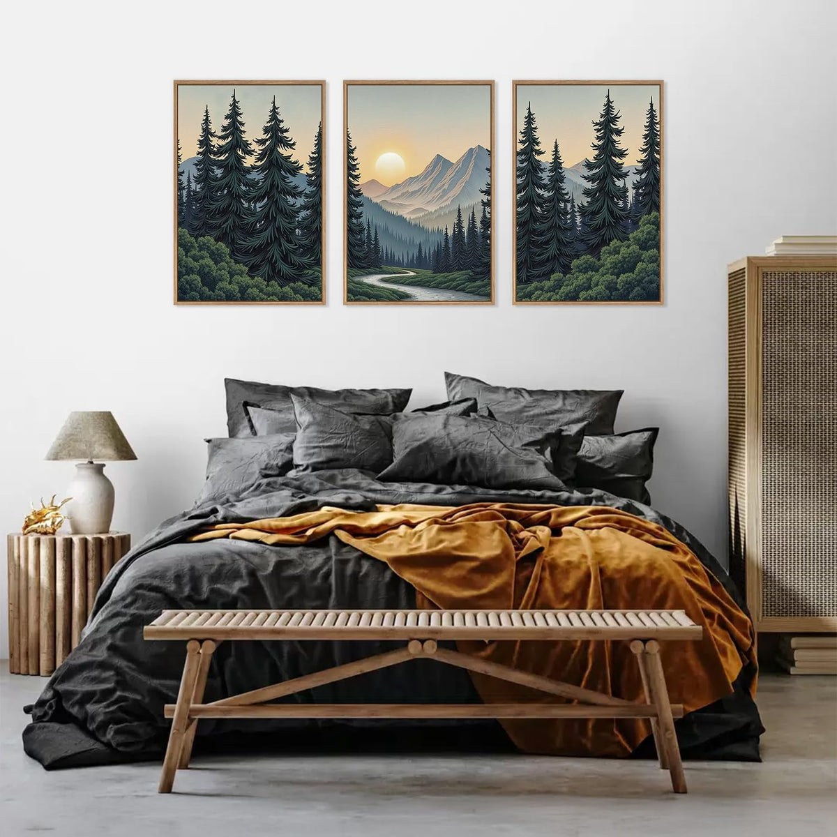 HLNIUC Mountain Forest Sun Framed Wall Art,Large Boho Pine Tree Canvas Wall Decor Set of