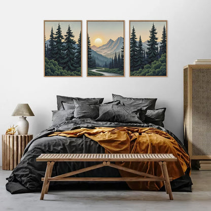 HLNIUC Mountain Forest Sun Framed Wall Art,Large Boho Pine Tree Canvas Wall Decor Set of