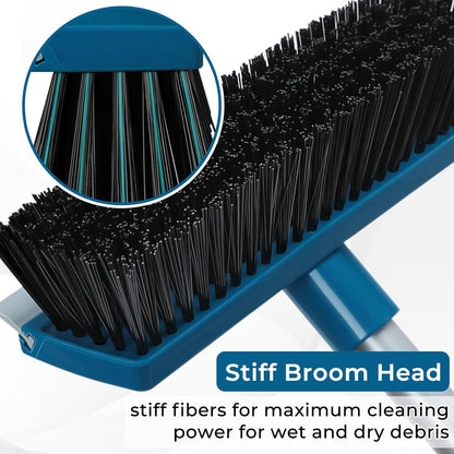 Stiff Bristle Deck Brushes for Scrubbing Heavy Duty with Rubber Scrape Squeegee, 55” Long Handle