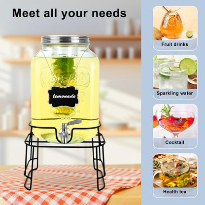 2 Gallon Glass Drink Dispensers For Parties,Beverage Dispensers With Stand And 100% Leakproof