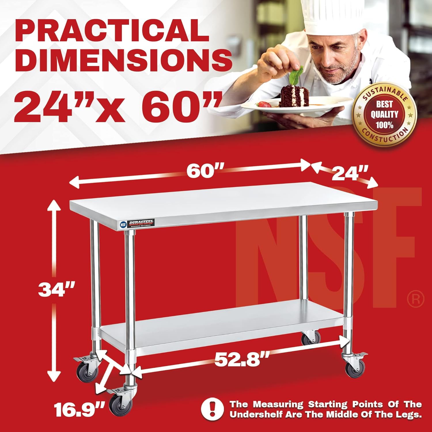 DuraSteel 24x60 NSF Stainless Steel Cart - Heavy Duty Food Prep Table with Undershelf - Rolling