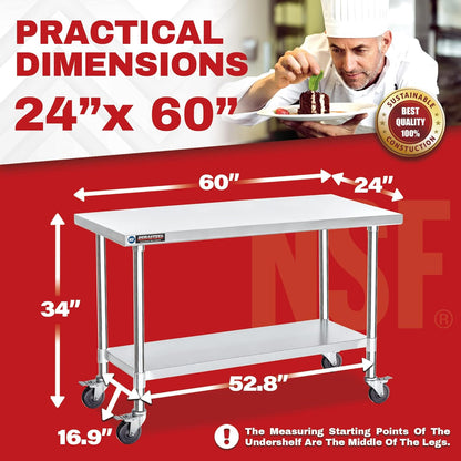DuraSteel 24x60 NSF Stainless Steel Cart - Heavy Duty Food Prep Table with Undershelf - Rolling