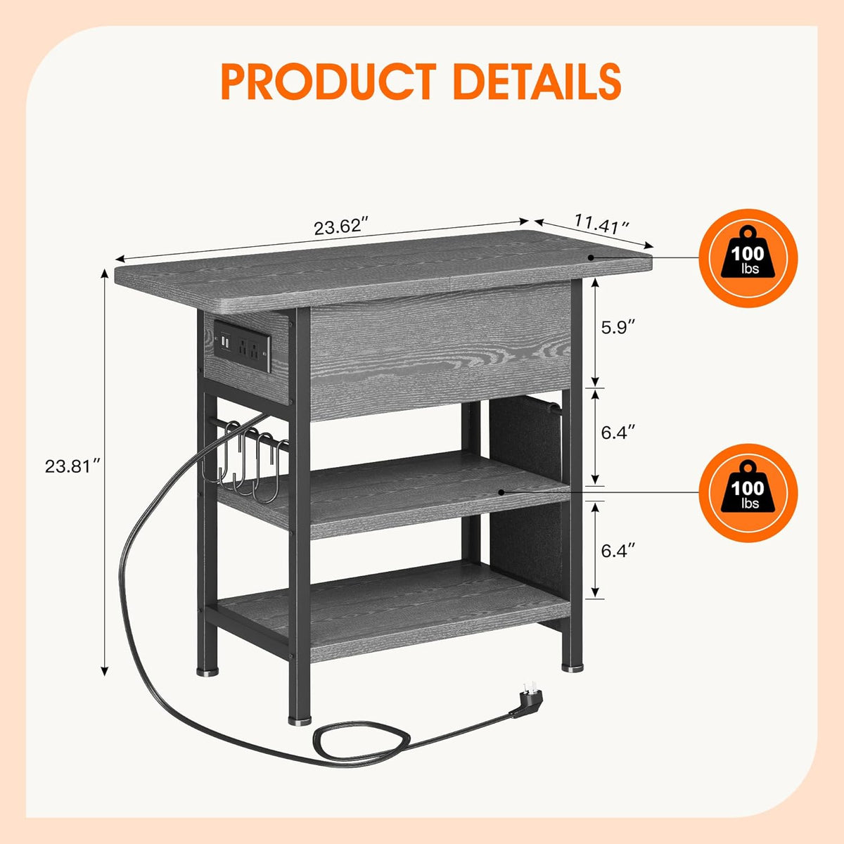 End Table with Charging Station, Flip Top Nightstand with USB Ports and Outlets,Couch Side Table