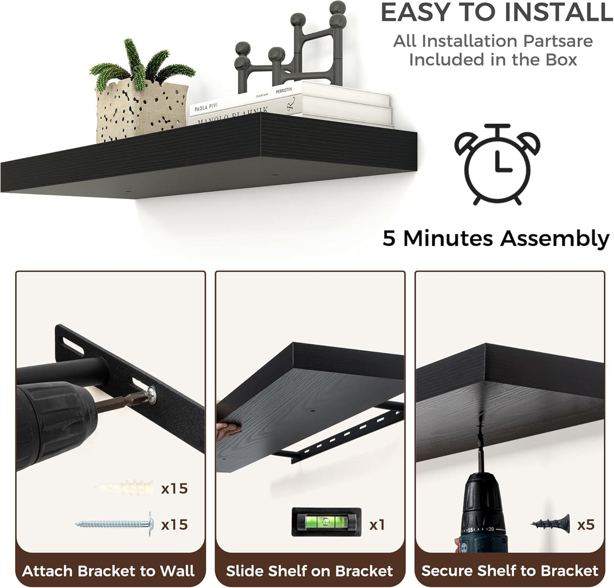 Floating Shelves - 2 Large Wall Mounted Shelves with Invisible Brackets, Long Wood Floating Wall