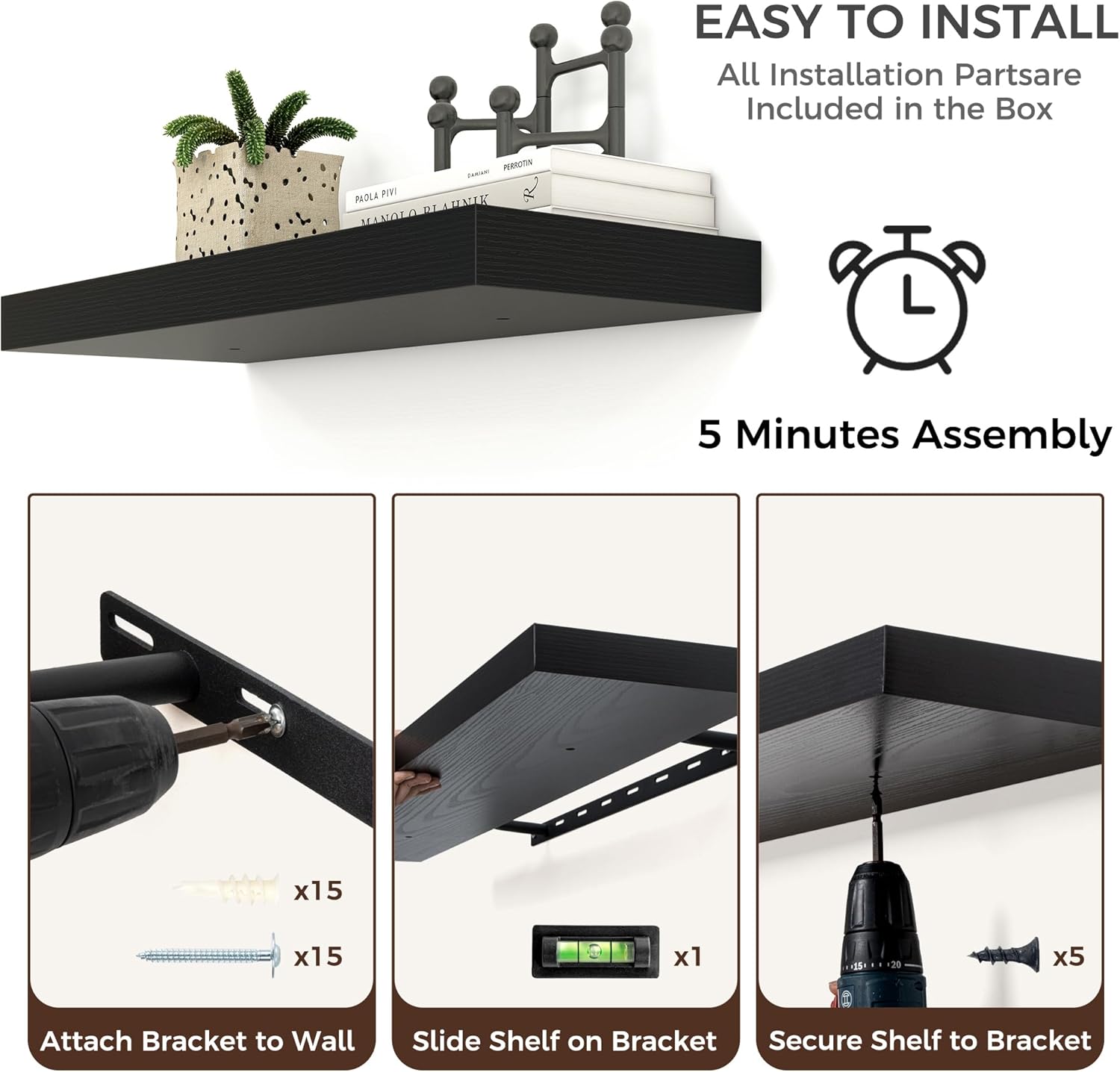Floating Shelves - 2 Large Wall Mounted Shelves with Invisible Brackets, Long Wood Floating Wall