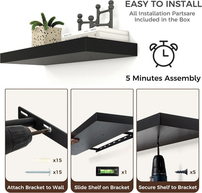 Floating Shelves - 2 Large Wall Mounted Shelves with Invisible Brackets, Long Wood Floating Wall