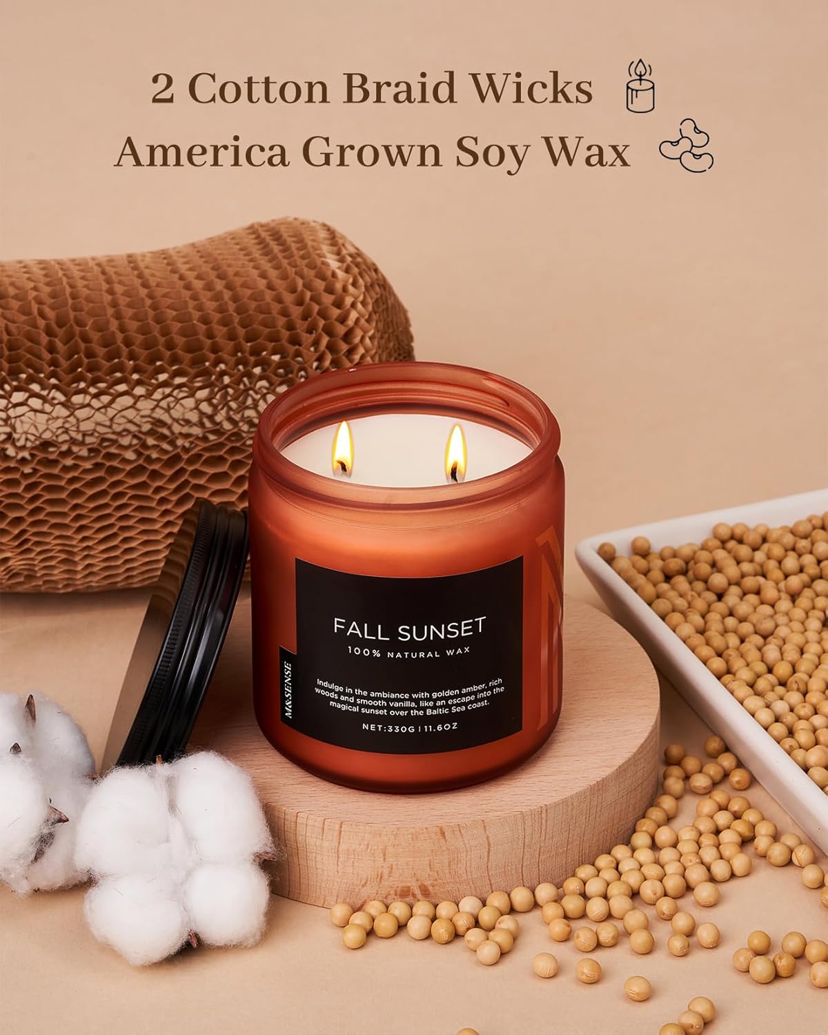 M&SENSE Baltic Amber Scented Candle, 11.6oz Clean Natural Soy Wax Non Toxic Up to 70 Hours Burn