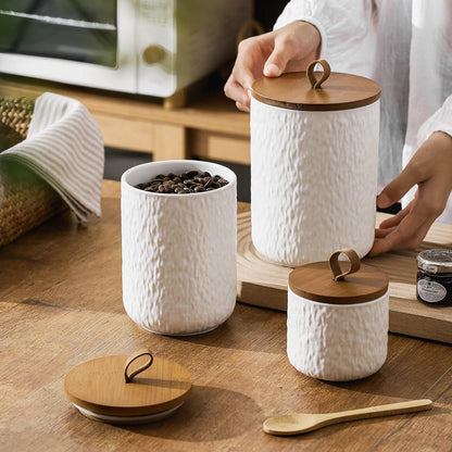 Black White Ceramic Coffee Canister Tea Canister with Seal Wood Lid, Airtight Coffee Storage