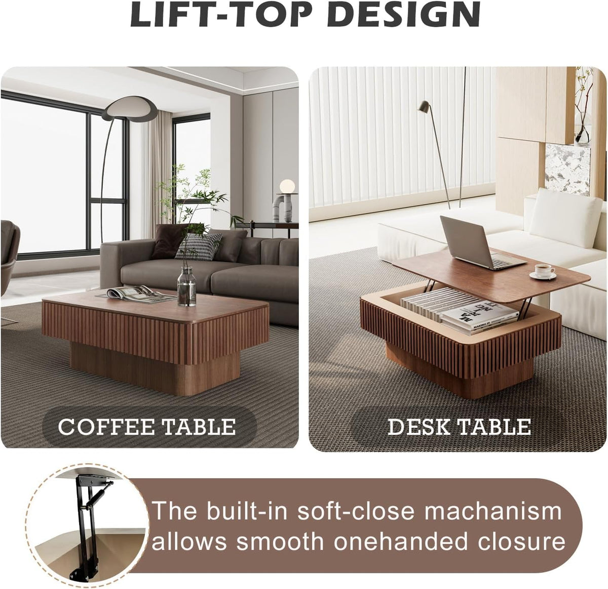 Lift Coffee Table with Storage & Adjustable Height, Solid Wood Coffee Table Fluted Center Table