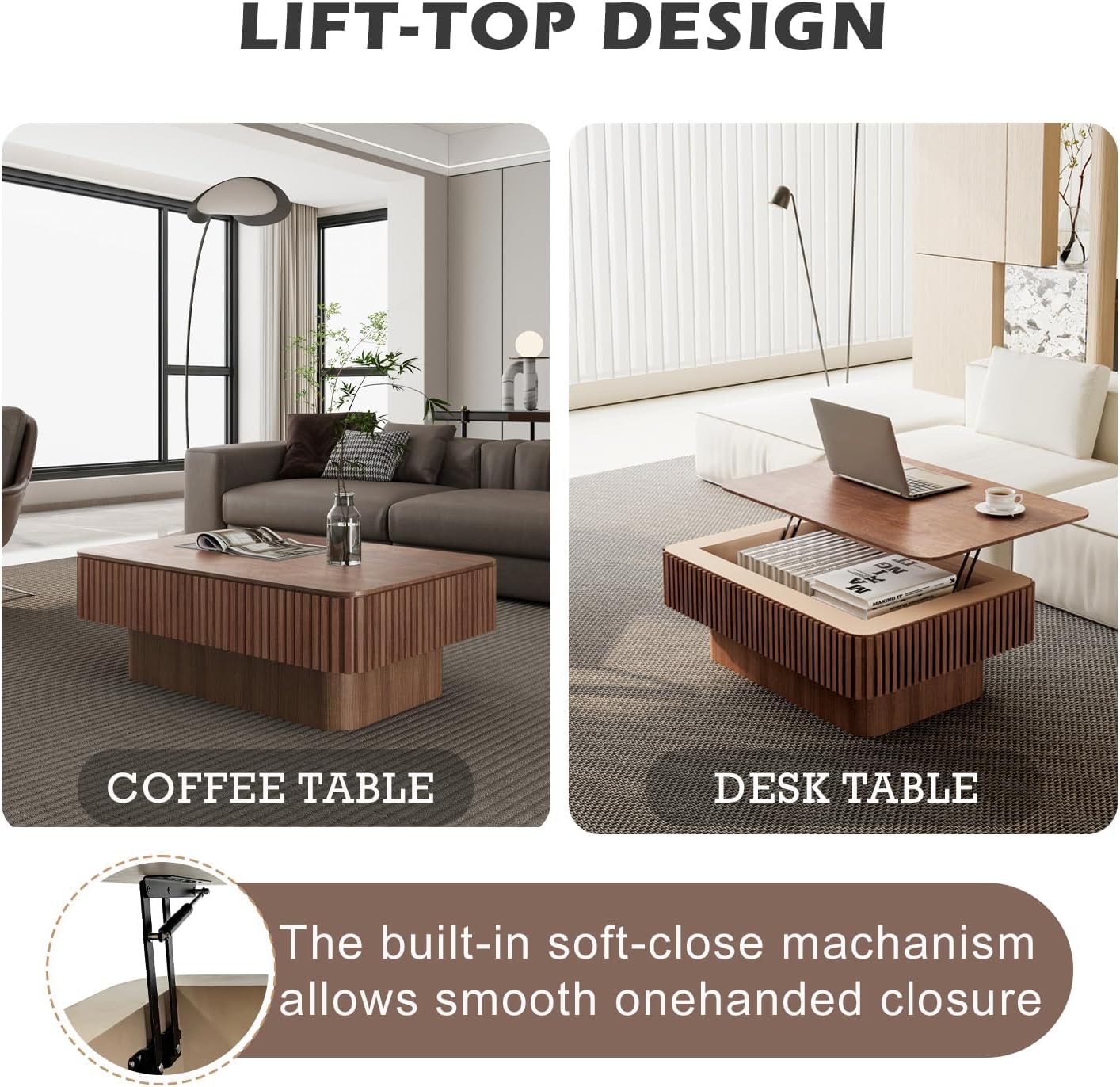 Lift Coffee Table with Storage & Adjustable Height, Solid Wood Coffee Table Fluted Center Table