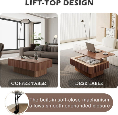 Lift Coffee Table with Storage & Adjustable Height, Solid Wood Coffee Table Fluted Center Table