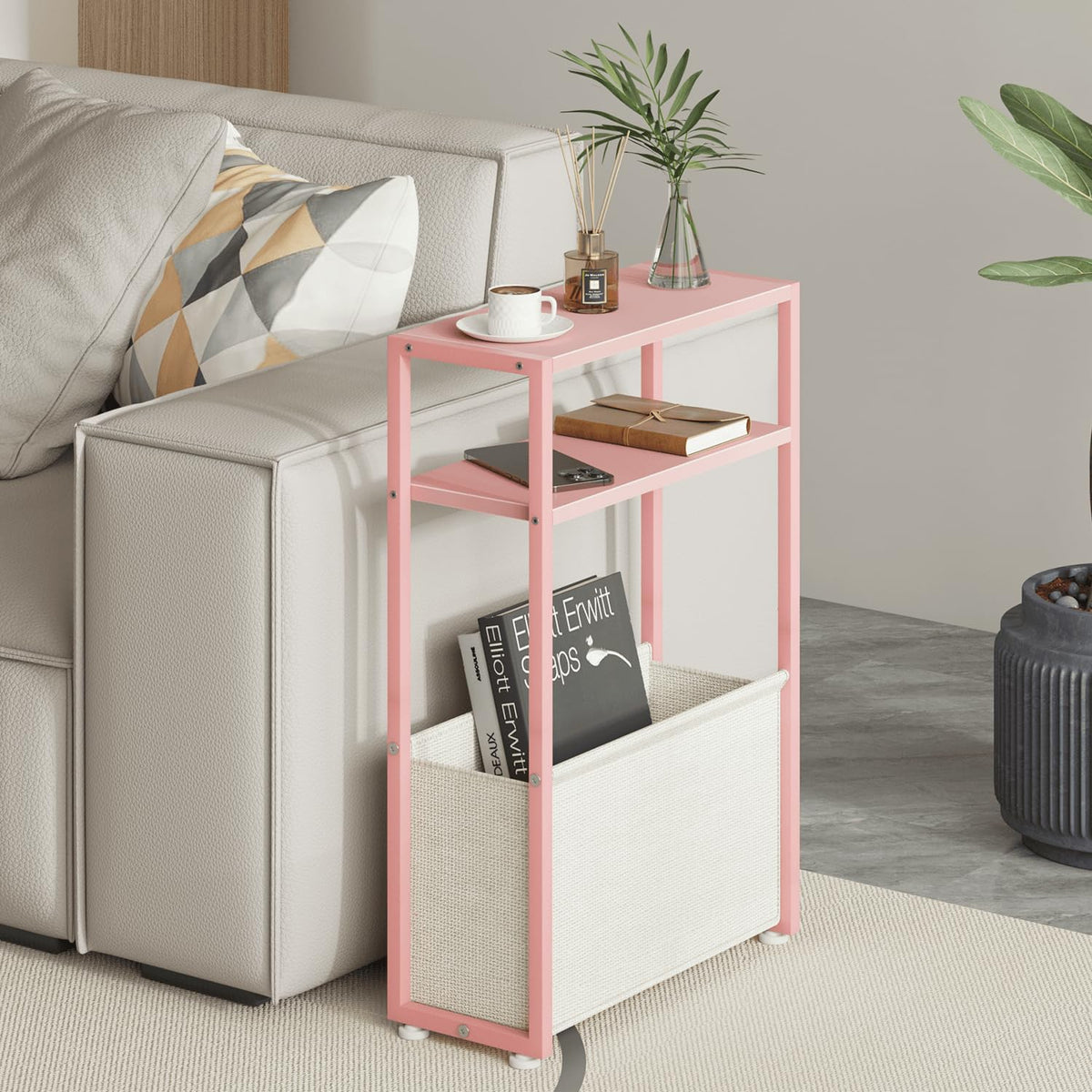 Narrow Side Table, Slim End Tables with Fabric Basket, Skinny Table for Small Spaces, Thin Bedside
