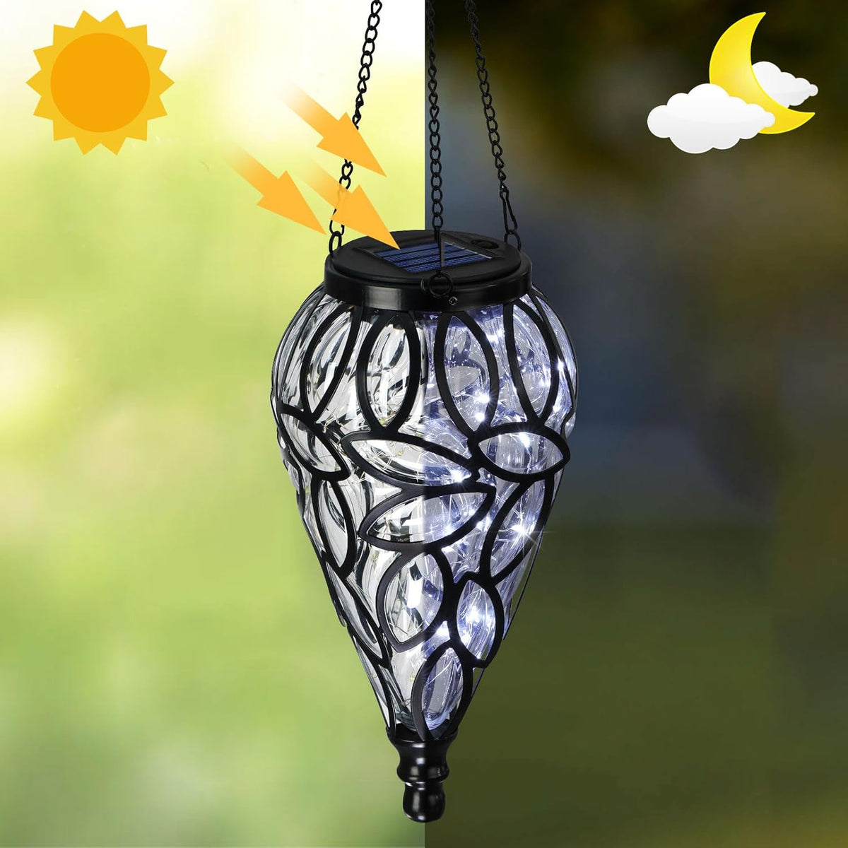 SUNNYPARK Outdoor Plastic Solar Hanging Lantern, 15 Cool White LEDs Twinkle Effect Tear-Shaped