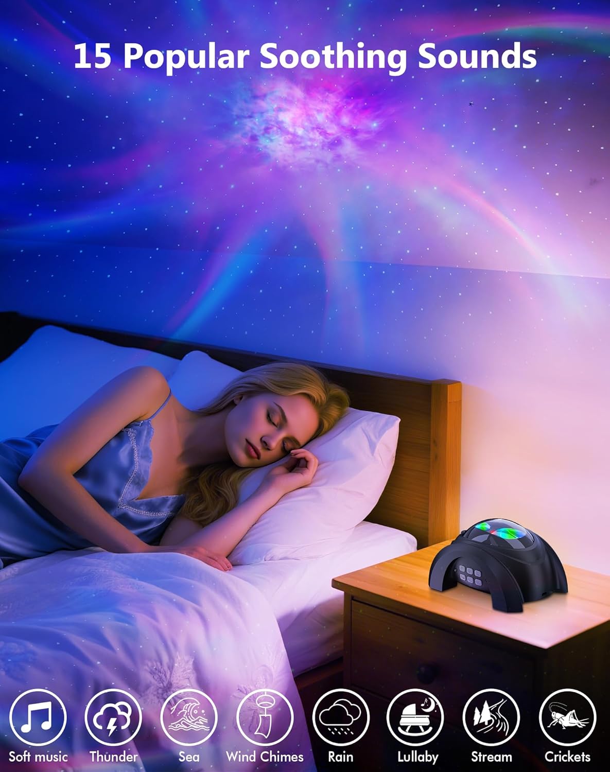 Rossetta Galaxy Projector, 58 Lighting Effects Star Projector Bluetooth Speaker White Noise Night