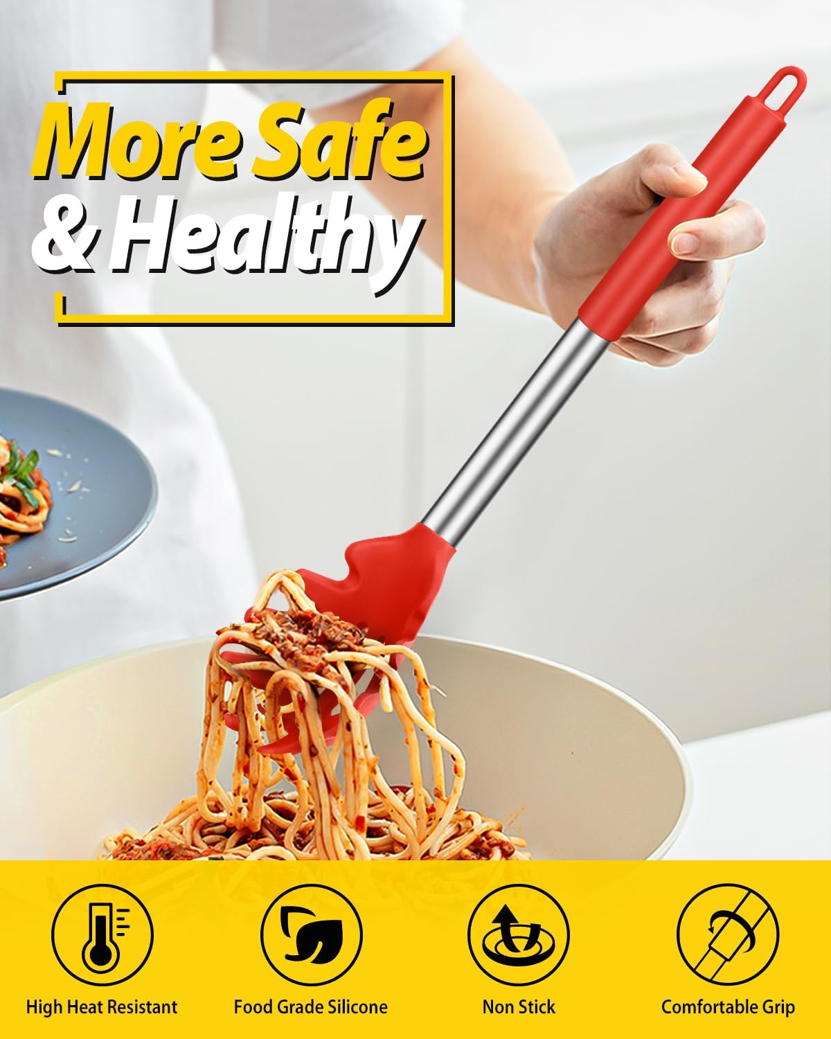 Silicone Pasta Fork and Ladle Spoon Set, Large Non Stick Kitchen Utensils for