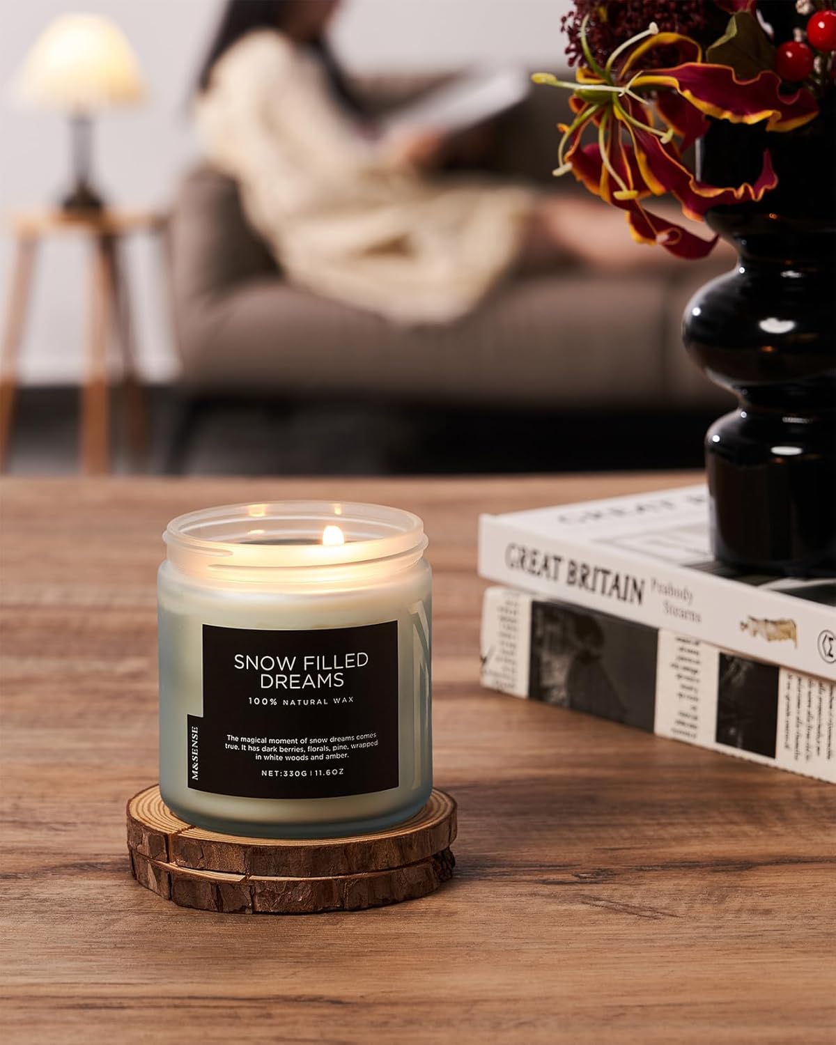 M&SENSE Snow Filled Dreams - Jasmine & Pine Scented Candle, 11.6oz Natural Soy Wax 70 Hours Long