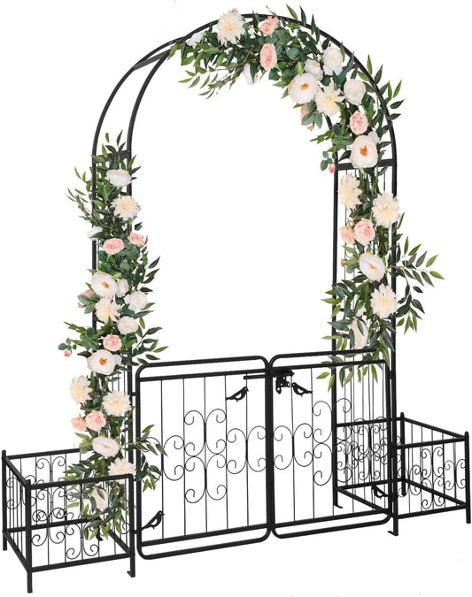 Outvita 7FT Garden Arch Arbor with Entry Door and Plant Frame, Heavy Duty Metal Arbour Archway