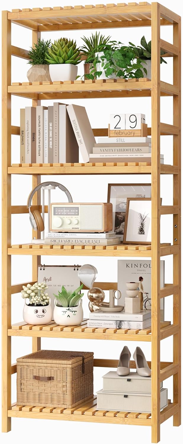 FOTOSOK 6-Tier Bamboo Shelf, Bamboo Bookcase with Adjustable Shelves, Free Standing Storage Shelf