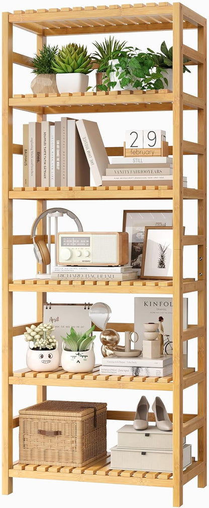 FOTOSOK 6-Tier Bamboo Shelf, Bamboo Bookcase with Adjustable Shelves, Free Standing Storage Shelf